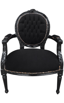 Fauteuil Louis XVI de style baroque velours noir et bois noir