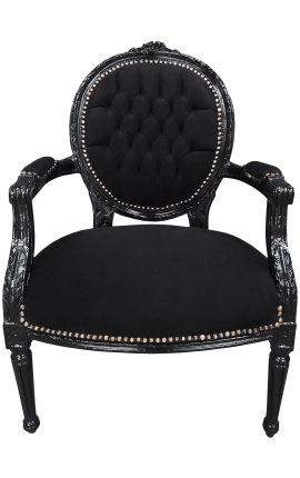 Baroque armchair Louis XVI style black velvet and black wood