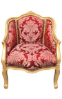 Bergere-stol Louis XV stil röd "Gobelins" satin tyg och guld trä - 1