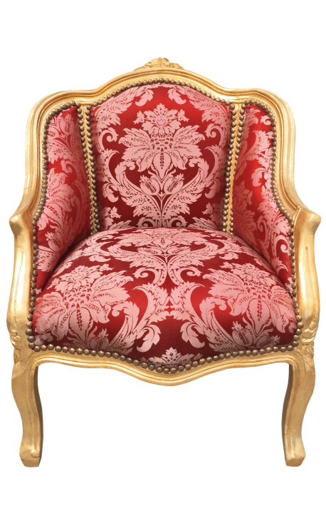 Bergère de style Louis XV satiné rouge aux motifs "Gobelins" et bois doré