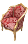 Bergère de style Louis XV satiné rouge aux motifs "Gobelins" et bois doré