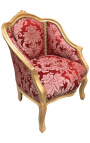 Bergère de style Louis XV satiné rouge aux motifs "Gobelins" et bois doré