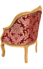Bergere armchair Louis XV style red "Goblin" satine fabric and gold wood