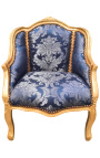 Bergere armchair Louis XV style blue "Goblin" satine fabric and gold wood