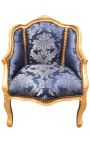 Bergère de style Louis XV satiné bleu aux motifs "Gobelins" et bois doré