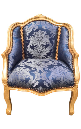 Bergere armchair Louis XV style blue "Gobelins" satine fabric and gold wood