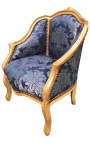 Bergere armchair Louis XV style blue "Goblin" satine fabric and gold wood