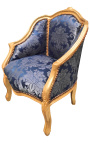Bergere armchair Louis XV style blue "Gobelins" satine fabric and gold wood - 14