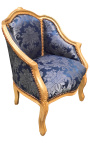 Bergère de style Louis XV satiné bleu aux motifs "Gobelins" et bois doré