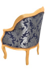 Bergere krēsls Luisa XV stilā zilā "Gabaliņi" satīna audums un zelta koka