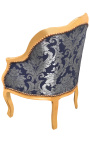 Bergère louis XV stile blu satinato con motivi "Gobelins" e legno dorato