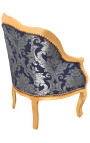 Bergere armchair Louis XV style blue "Gobelins" satine fabric and gold wood