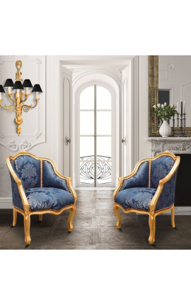 Bergere armstoel Louis XV stijl blauw &quot;Gobelins&quot; satinweefsel en gouden hout