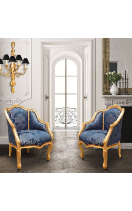 Bergère de style Louis XV satiné bleu aux motifs &quot;Gobelins&quot; et bois doré
