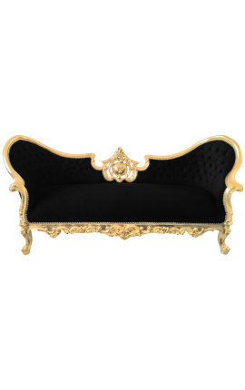 Barokke Napoleon III medaillonbank in zwarte fluwelen stof en goudkleurig hout