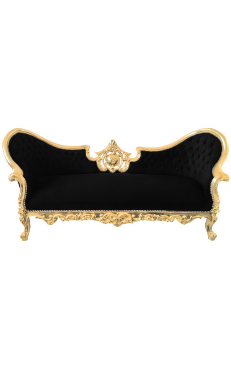 Canapé baroque Napoléon III médaillon tissu velours noir et bois doré