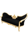 Sofa w stylu barokowym Napoleon III z medalionem czarna aksamitna tkanina i złote drewno