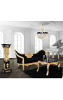 Barokke Napoleon III medaillonbank in zwarte fluwelen stof en goudkleurig hout