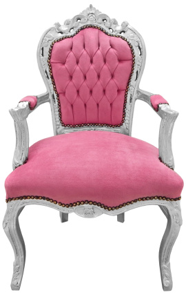 Baroko rokoko stiliaus fotelis rožinis aksomas ir sidabro mediena