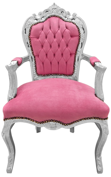 Fauteuil de style Baroque Rococo tissu velours rose et bois argenté