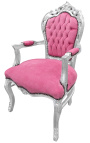 Baročni rokoko fotelj v roza žametu in srebrnem lesu
