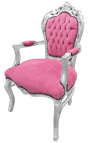 Fauteuil de style Baroque Rococo tissu velours rose et bois argenté