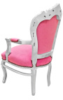 Fauteuil barok rococo roze fluweel en zilver hout