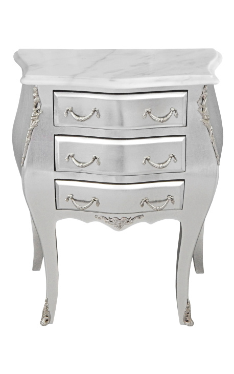 Nightstand (Bedside) baroque wooden silver with white marble