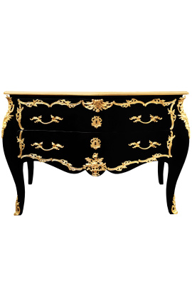 Duża komoda barokowa czarna w stylu Ludwika XV, złote brązy
