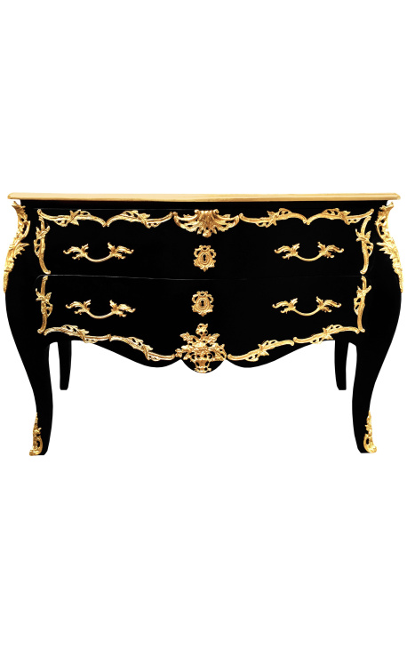Duża barokowa komoda czarna Louis XV Styl, złote bruzy - 1