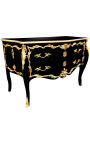 Large baroque chest of drawers black Louis XV style, gold bronzes