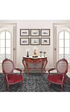 Fotel Ludwika XVI w stylu trzciny bordowy aksamit i mahoniowy kolor drewna