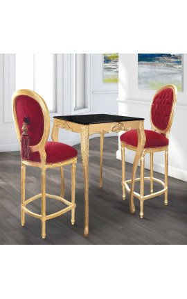 Krzesło barowe w stylu Ludwika XVI z aksamitnej tkaniny w kolorze bordowym i złotego drewna