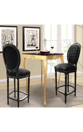 Cadeira de bar estilo Louis XVI, tecido de veludo preto e madeira preta
