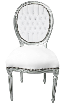 Louis XVI stil stol i hvidt kunstlæder og forsølvet træ