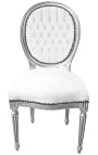 Стол в стил Луи XVI бяла изкуствена кожа и посребрено дърво