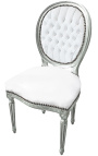 Louis XVI-stil stol i hvitt skinn og forsølvet tre