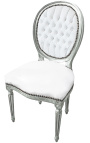 Silla de estilo Luis XVI de cuero blanco y madera plateada