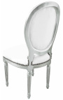 Silla de estilo Luis XVI de cuero blanco y madera plateada