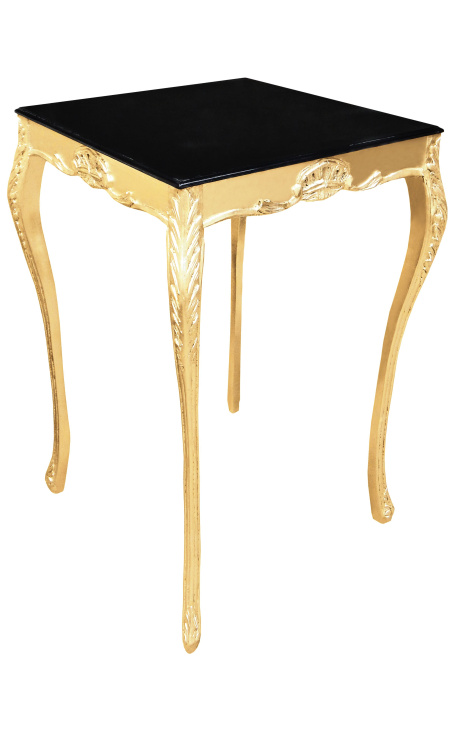 Table de bar baroque en bois doré avec plateau noir