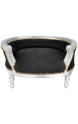 Canapé lit pour chien ou chat baroque velours noir et bois argent