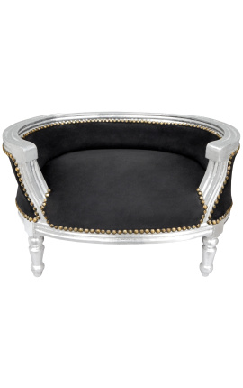 Canapea extensibila baroc pentru caine sau pisica din catifea neagra si lemn argintiu