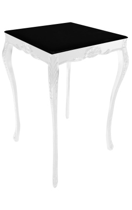 Table de bar baroque en bois laqué blanc avec plateau noir