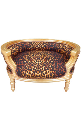 Canapé lit pour chien ou chat baroque tissu leopard et bois doré