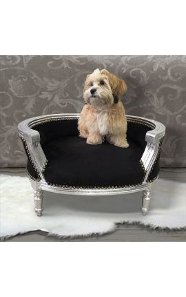 Μπαρόκ καναπές-κρεβάτι για σκύλο ή γάτα μαύρο βελούδο και ασημί ξύλο
