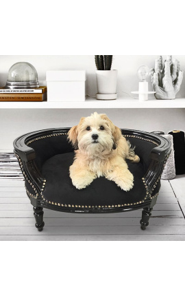 Бароков разтегателен диван за куче или котка черно кадифе и черно дърво