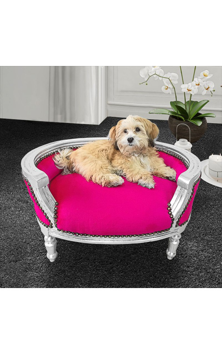 Barok slaapbank voor hond of kat fuchsia fluweel en zilverhout