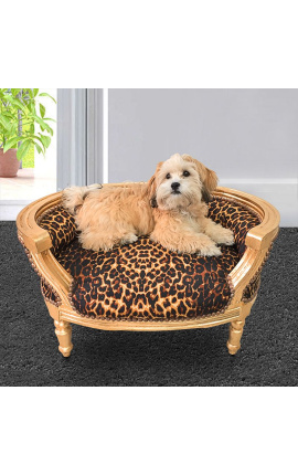 Barok slaapbank voor hond of kat luipaardstof en goud hout