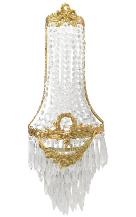 Duża lampa ścienna mongolfière z zawieszkami z przezroczystego szkła i złotego brązu
