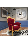 Didelis baroko stiliaus fotelis raudonas bordo aksomas ir aukso mediena